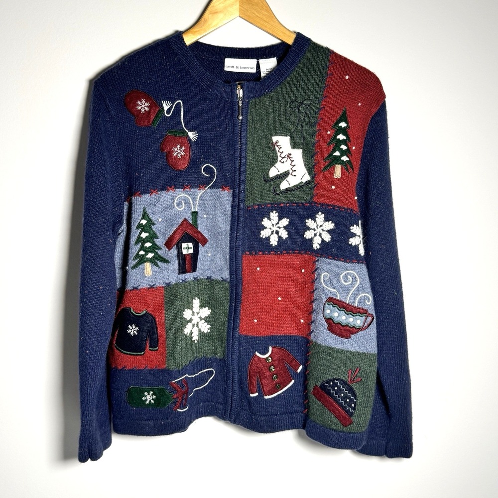 Croft & Barrow Christmas Cardigan‎ M Zip Front Appliqué Patchwork Cottagecore